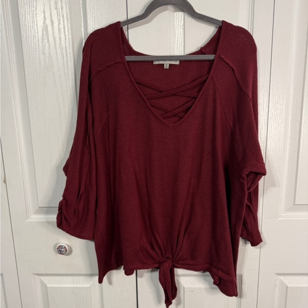 Absolutely Famous Maroon 3/4 Sleeve‎ Blouse With Knot Front Women's Size 3XL
